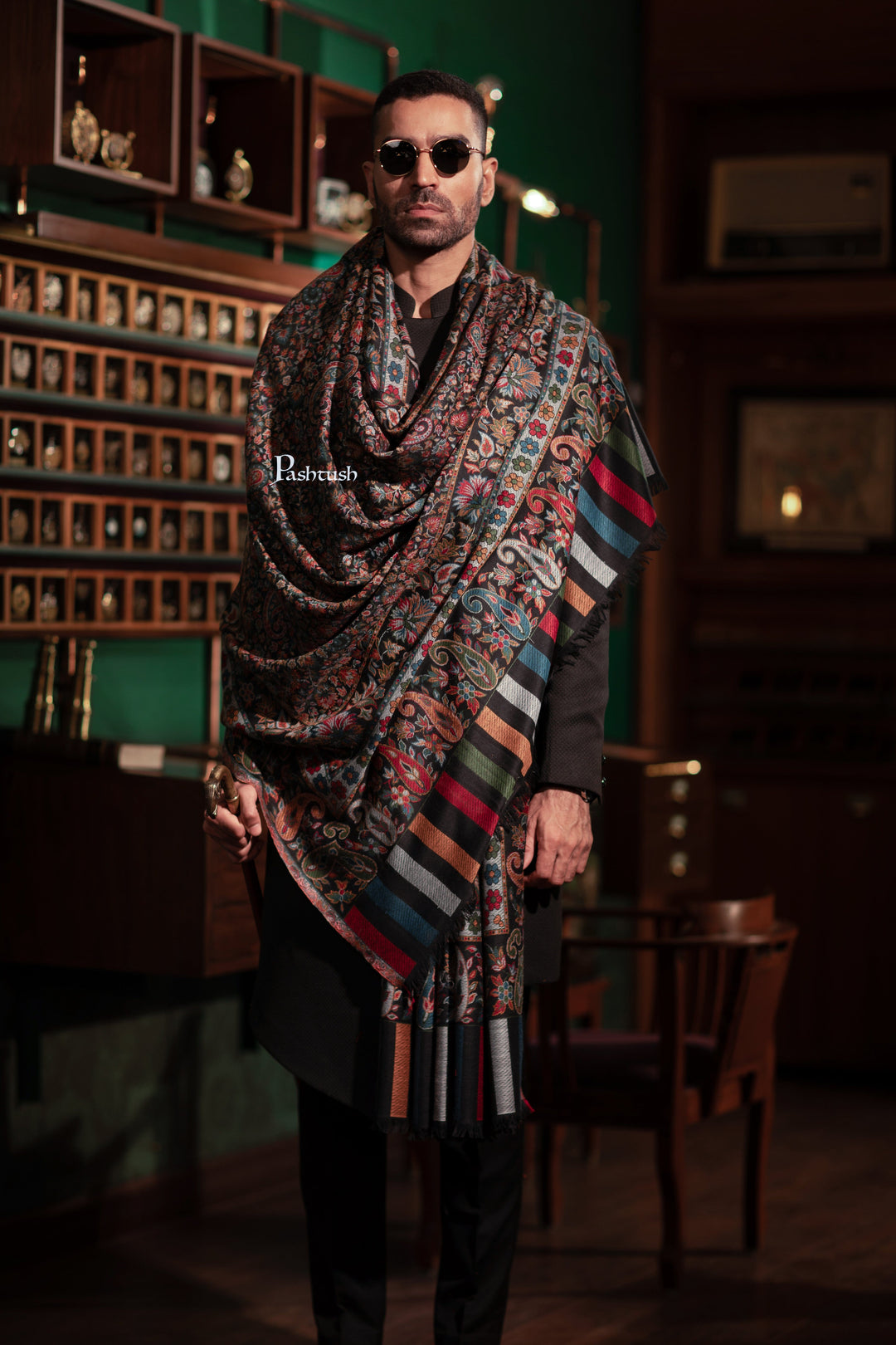 Pashtush India Mens Shawls Gents Shawl Pashtush Mens Fine Wool Shawl, Woven Ambi Jaal, Ethnic Weave Design, Black