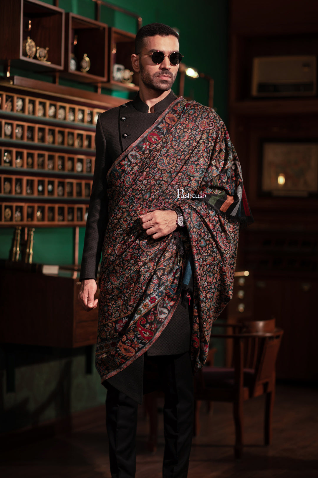 Pashtush India Mens Shawls Gents Shawl Pashtush Mens Fine Wool Shawl, Woven Ambi Jaal, Ethnic Weave Design, Black