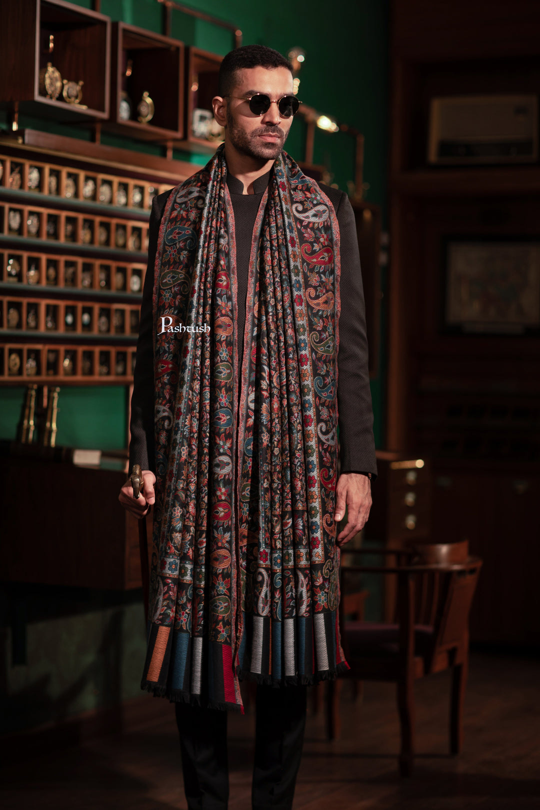 Pashtush India Mens Shawls Gents Shawl Pashtush Mens Fine Wool Shawl, Woven Ambi Jaal, Ethnic Weave Design, Black