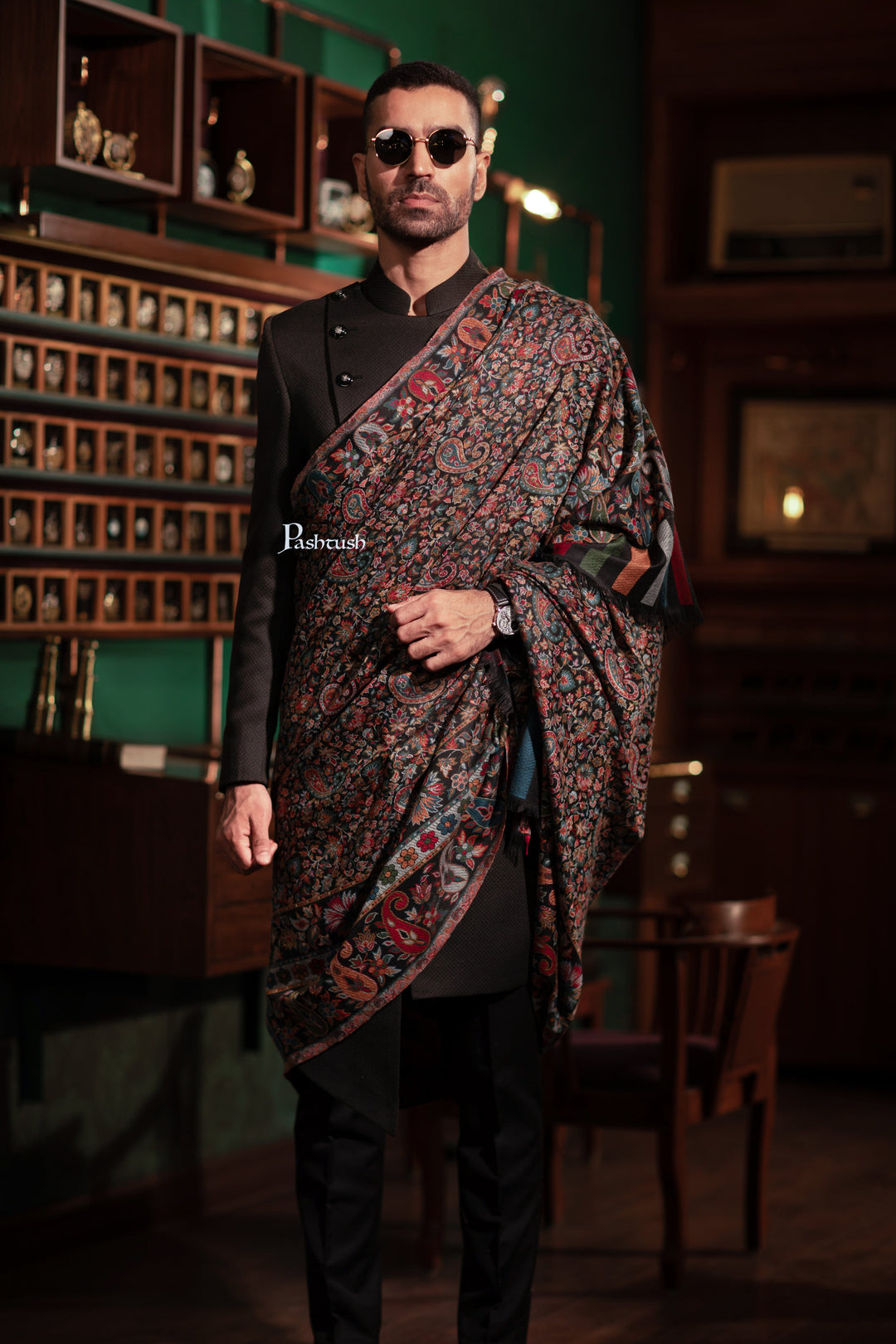 Pashtush India Mens Shawls Gents Shawl Pashtush Mens Fine Wool Shawl, Woven Ambi Jaal, Ethnic Weave Design, Black