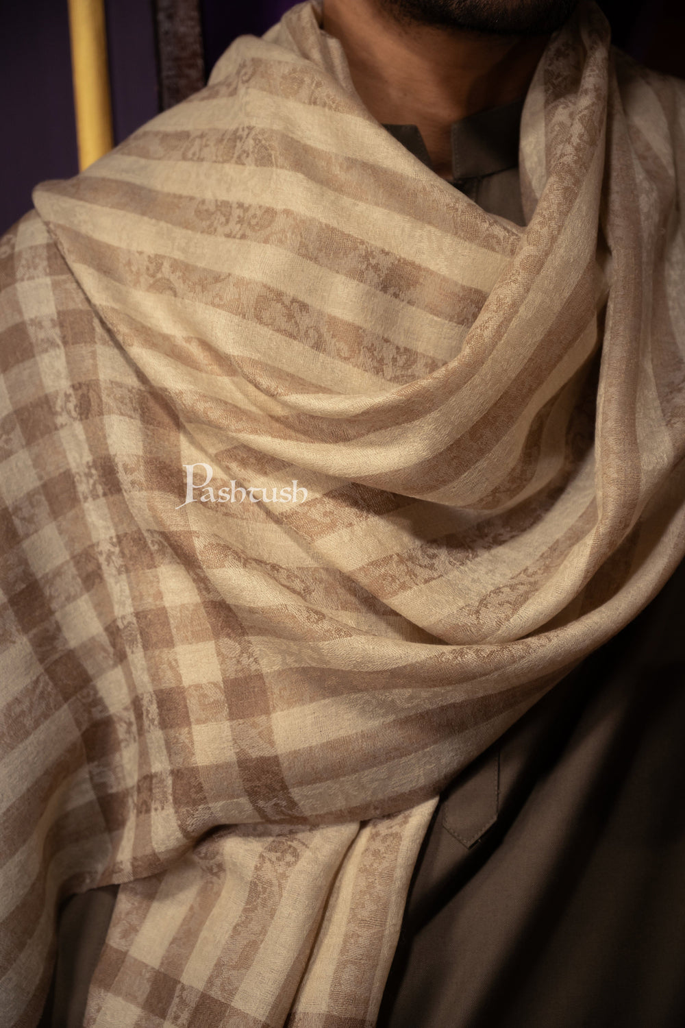 Pashtush India Mens Scarves Stoles and Mufflers Pashtush Mens Fine Wool Stole, Check Stripe Woven Design, Beige