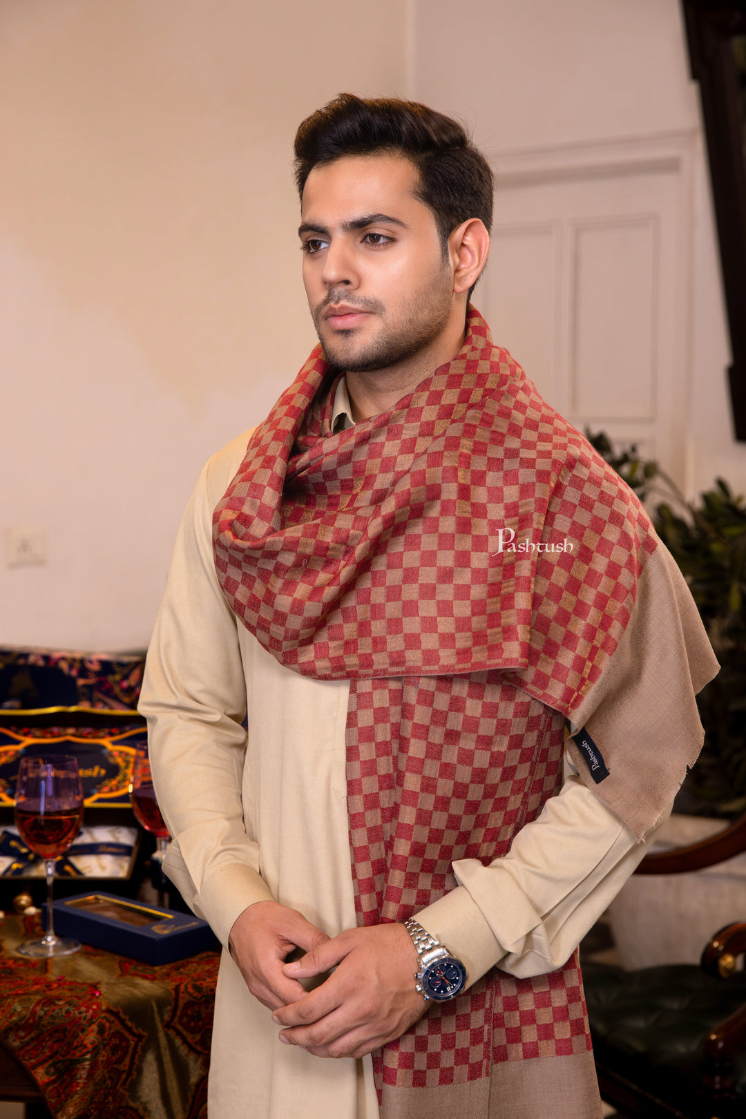 Pashtush India Mens Scarves Stoles and Mufflers Pashtush Mens Fine Wool Stole, Checkered Design, Red