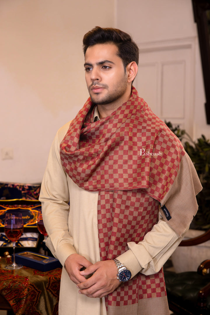Pashtush India Mens Scarves Stoles and Mufflers Pashtush Mens Fine Wool Stole, Checkered Design, Red