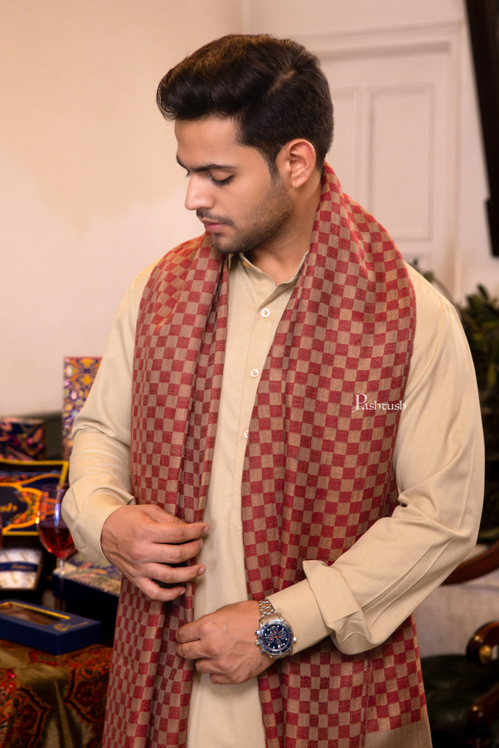 Pashtush India Mens Scarves Stoles and Mufflers Pashtush Mens Fine Wool Stole, Checkered Design, Red