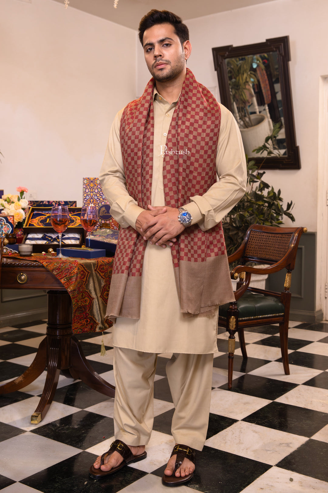 Pashtush India Mens Scarves Stoles and Mufflers Pashtush Mens Fine Wool Stole, Checkered Design, Red