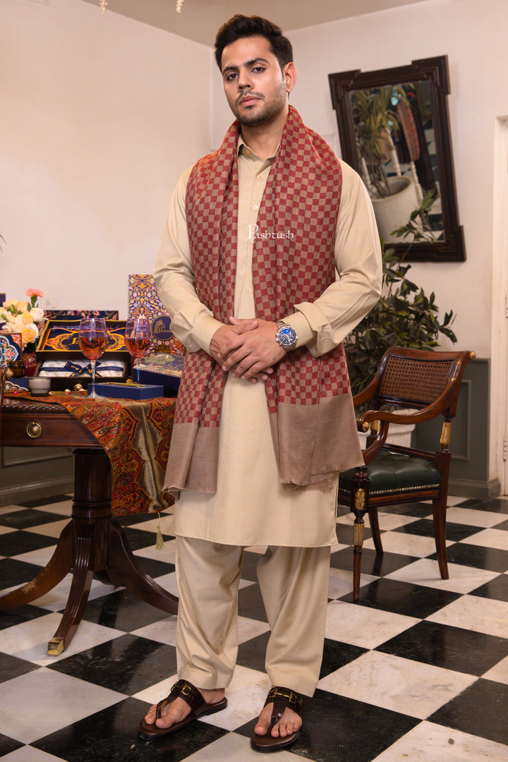 Pashtush India Mens Scarves Stoles and Mufflers Pashtush Mens Fine Wool Stole, Checkered Design, Red
