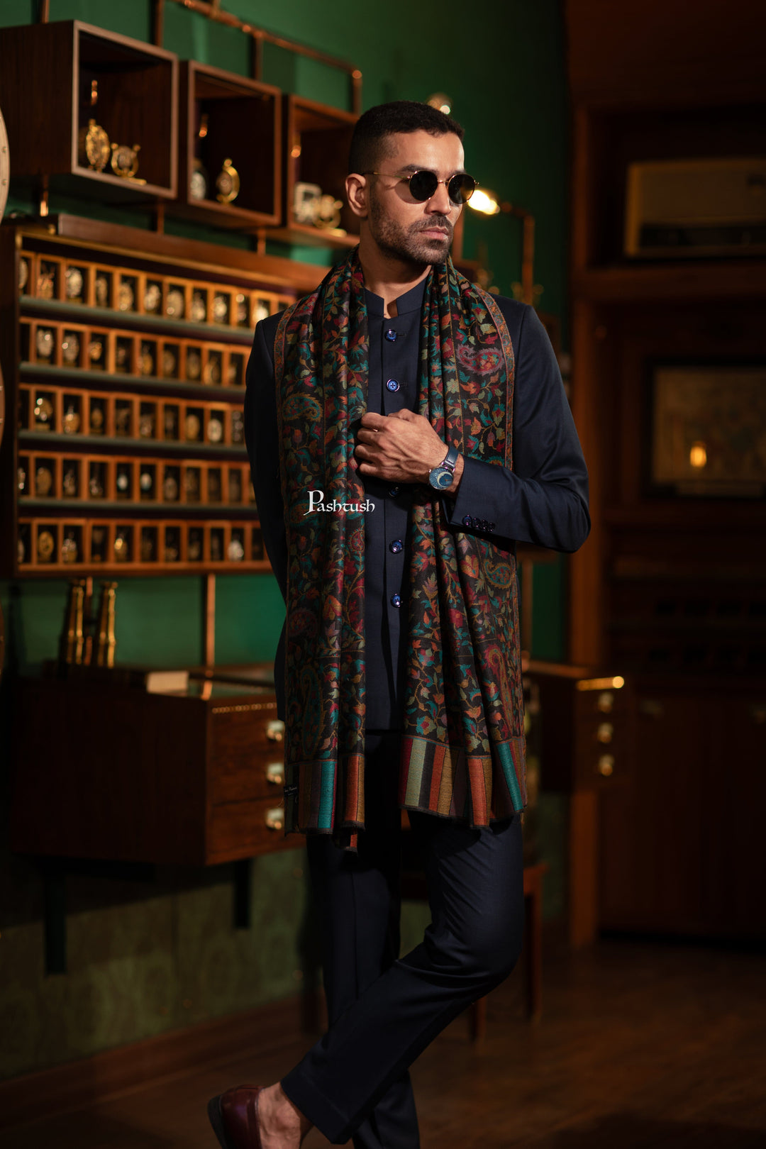 Pashtush India Mens Scarves Stoles and Mufflers Pashtush Mens Fine Wool Stole, Ethnic Weave , Soft and Warm, Deep Blue