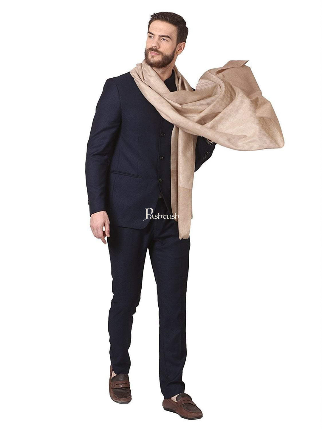Pashtush India Mens Scarves Stoles and Mufflers Pashtush Mens Fine Wool Stole, Extra-Soft Cashmere Feel, Beige