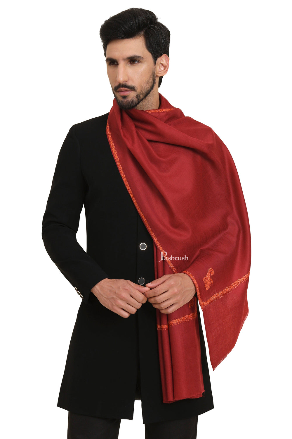 Pashtush India Mens Scarves Stoles and Mufflers Pashtush Mens Fine Wool Stole, Kingri Design, Maroon