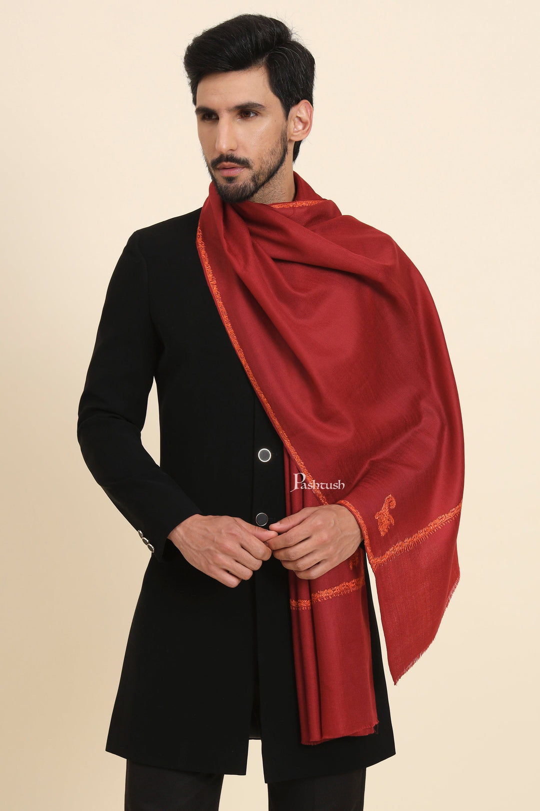 Pashtush India Mens Scarves Stoles and Mufflers Pashtush Mens Fine Wool Stole, Kingri Design, Maroon