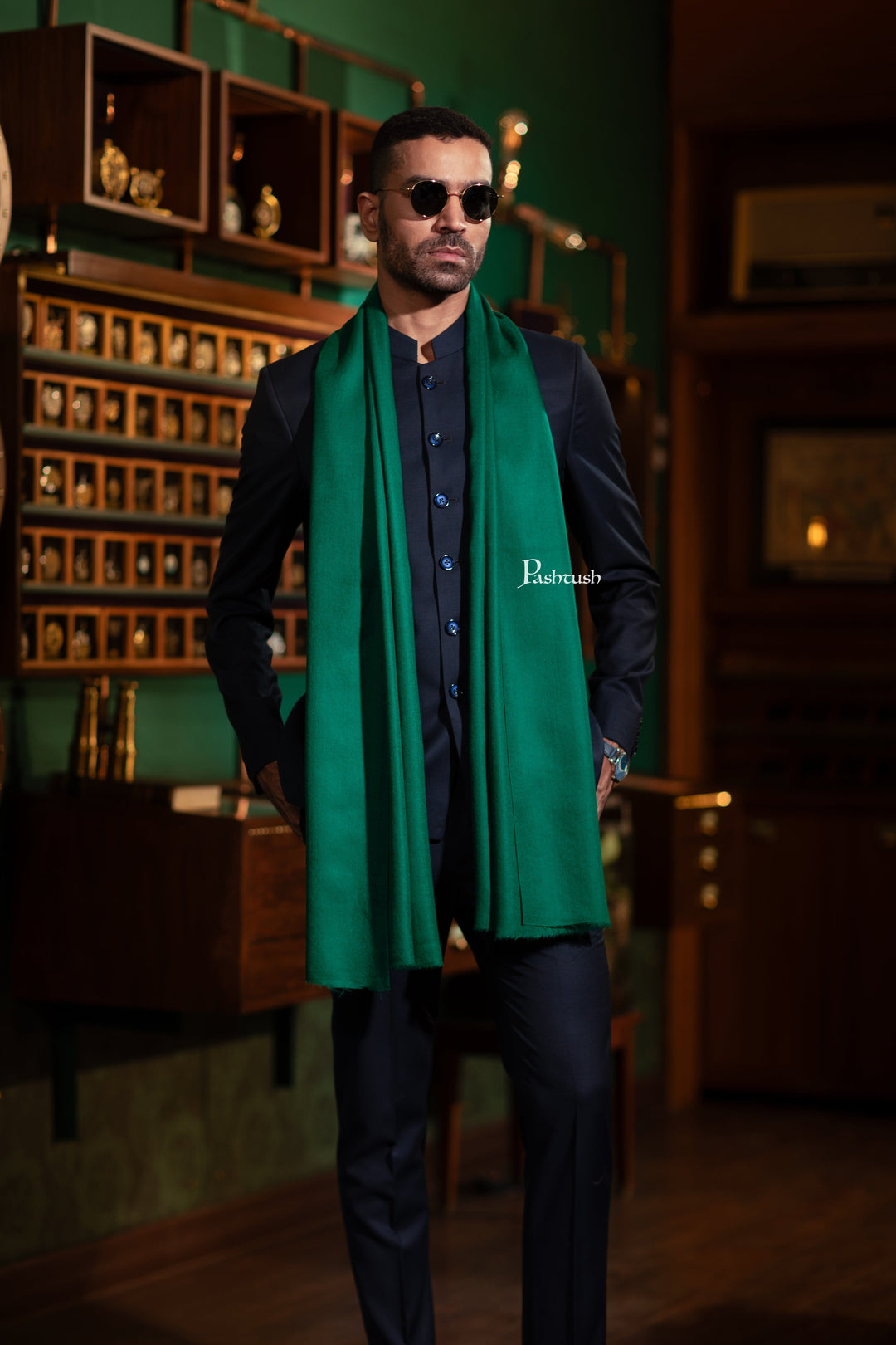 Pashtush India Mens Scarves Stoles and Mufflers Pashtush Mens Fine Wool Stole, Soft and Warm, Emerald Green