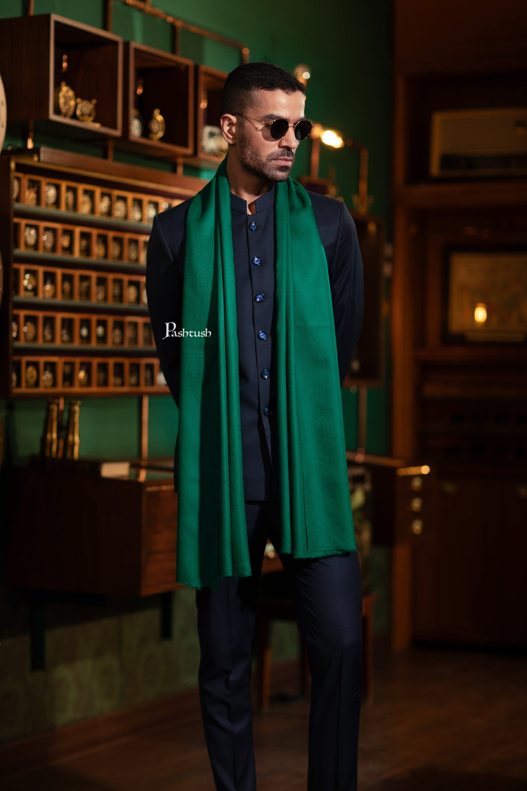 Pashtush India Mens Scarves Stoles and Mufflers Pashtush Mens Fine Wool Stole, Soft and Warm, Emerald Green