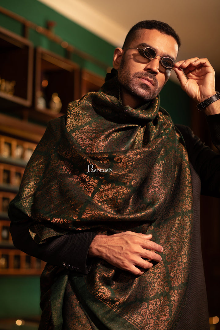 Pashtush India Mens Shawls Gents Shawl Pashtush Mens Fine Wool Stole, Twilight Collection with Metallic Weave, Emerald Green