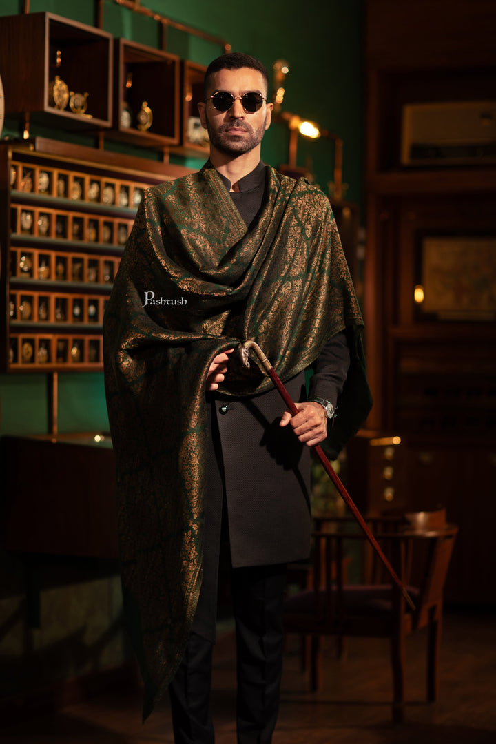 Pashtush India Mens Shawls Gents Shawl Pashtush Mens Fine Wool Stole, Twilight Collection with Metallic Weave, Emerald Green