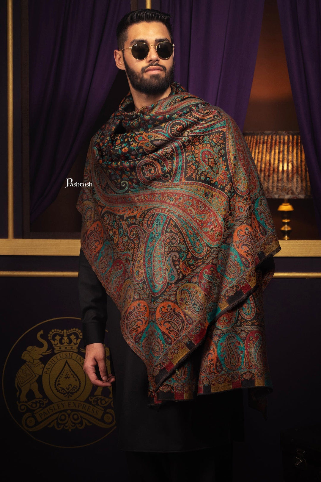 Pashtush India Mens Scarves Stoles and Mufflers Pashtush Mens Fine Wool Stole, Woven Design, Rich Paisleys, Black