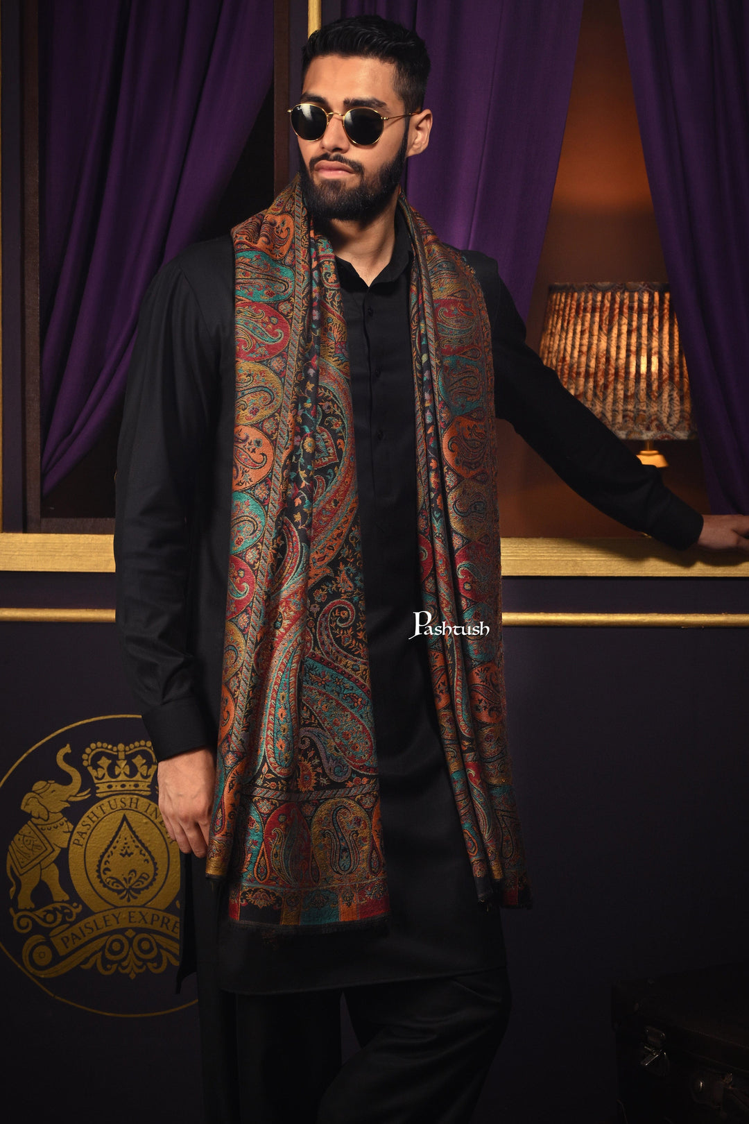 Pashtush India Mens Scarves Stoles and Mufflers Pashtush Mens Fine Wool Stole, Woven Design, Rich Paisleys, Black