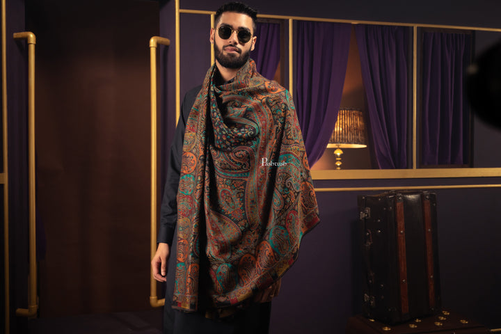 Pashtush India Mens Scarves Stoles and Mufflers Pashtush Mens Fine Wool Stole, Woven Design, Rich Paisleys, Black