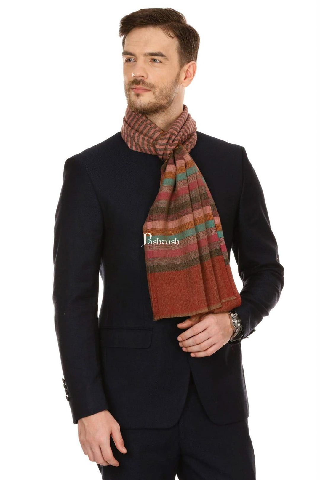 Pashtush India Mens Scarves Stoles and Mufflers Pashtush Mens Fine Wool Striped Muffler, Soft And Warm Stole Scarf