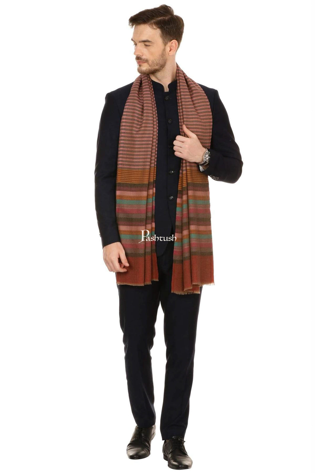 Pashtush India Mens Scarves Stoles and Mufflers Pashtush Mens Fine Wool Striped Muffler, Soft And Warm Stole Scarf