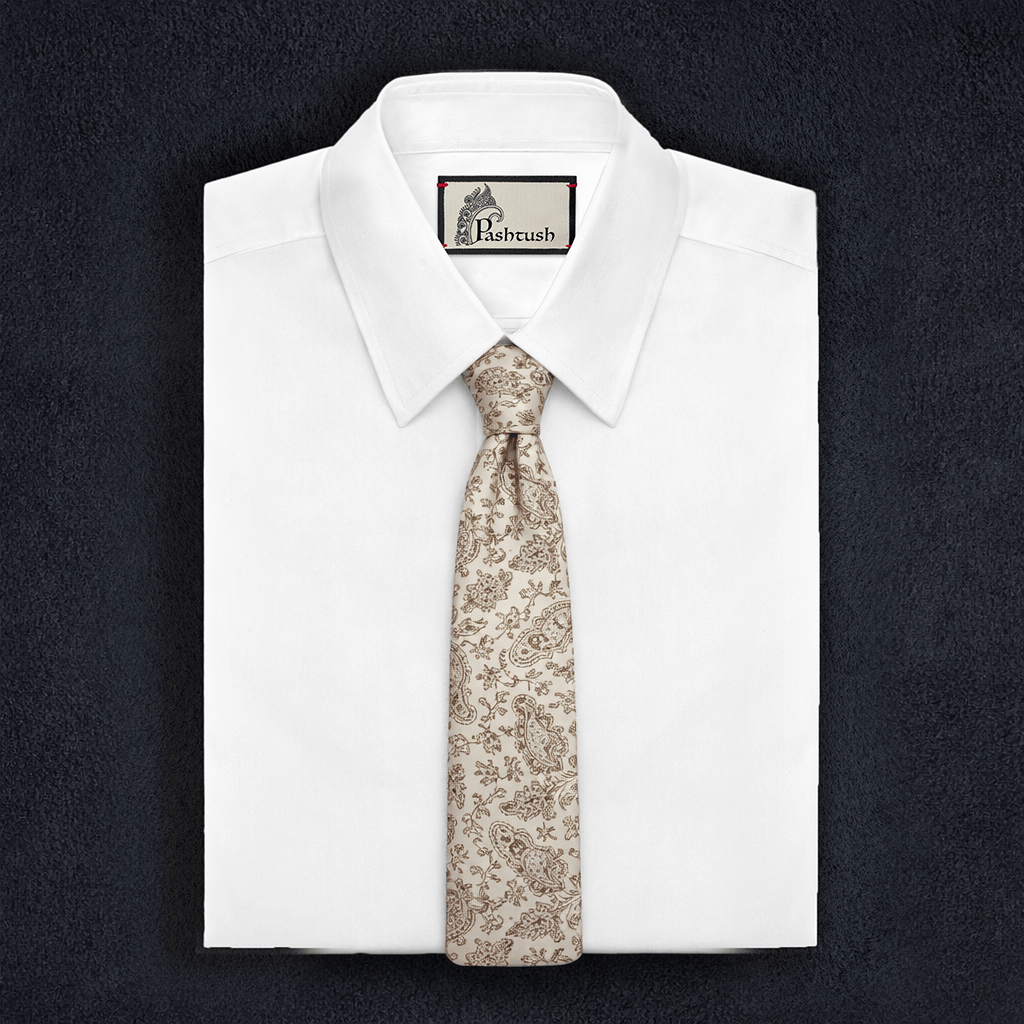 Pashtush India Mens Neckties Ties for Men Pashtush mens Fine Wool tie, Needlework Embroidery design, Beige