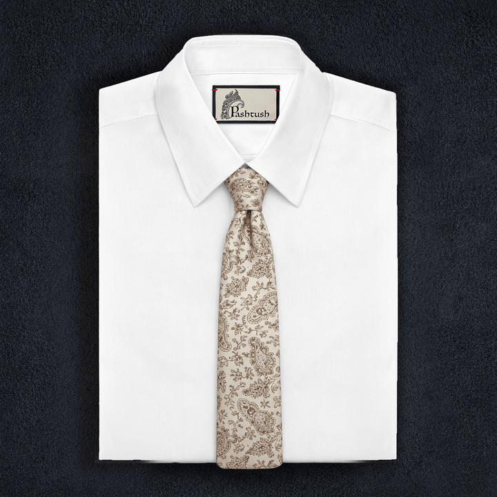 Pashtush India Mens Neckties Ties for Men Pashtush mens Fine Wool tie, Needlework Embroidery design, Beige