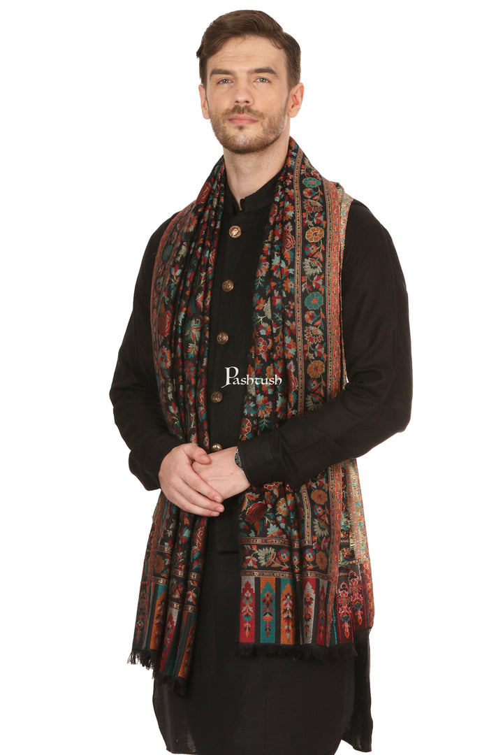 Pashtush India Mens Scarves Stoles and Mufflers Pashtush Mens Gulaabdar Ethnic Ethinc Jamawar Stole, Woven Design - Black