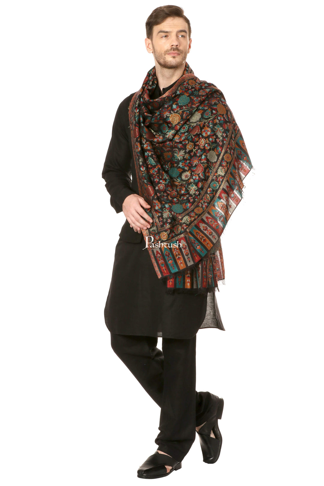 Pashtush India Mens Scarves Stoles and Mufflers Pashtush Mens Gulaabdar Ethnic Ethinc Jamawar Stole, Woven Design - Black