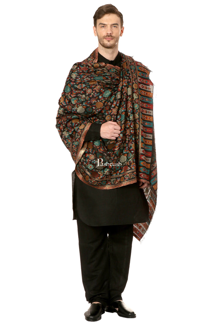 Pashtush India Mens Scarves Stoles and Mufflers Pashtush Mens Gulaabdar Ethnic Ethinc Jamawar Stole, Woven Design - Black