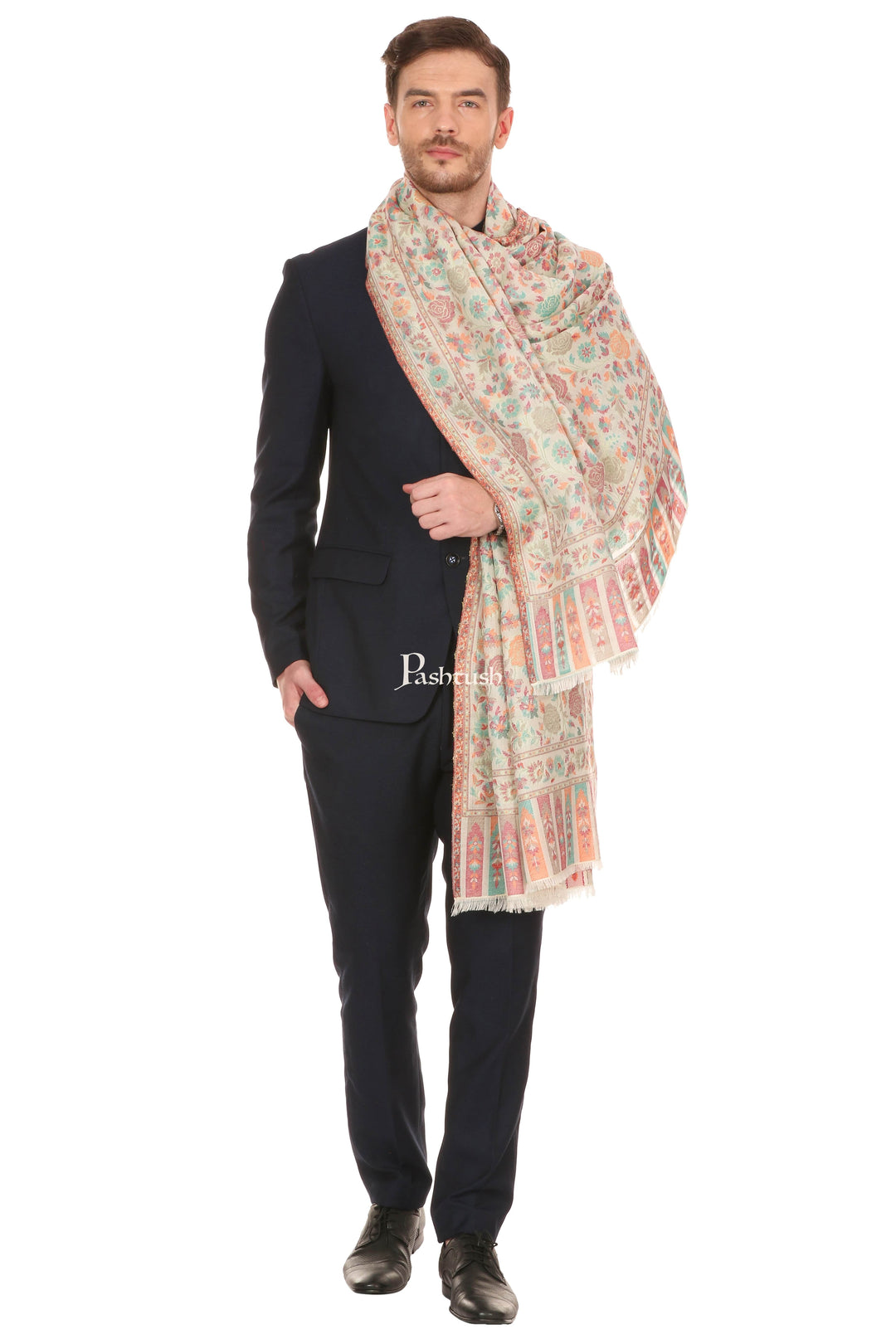 Pashtush India Mens Scarves Stoles and Mufflers Pashtush Mens Gulaabdar Ethnic Stole, Woven Design Ivory