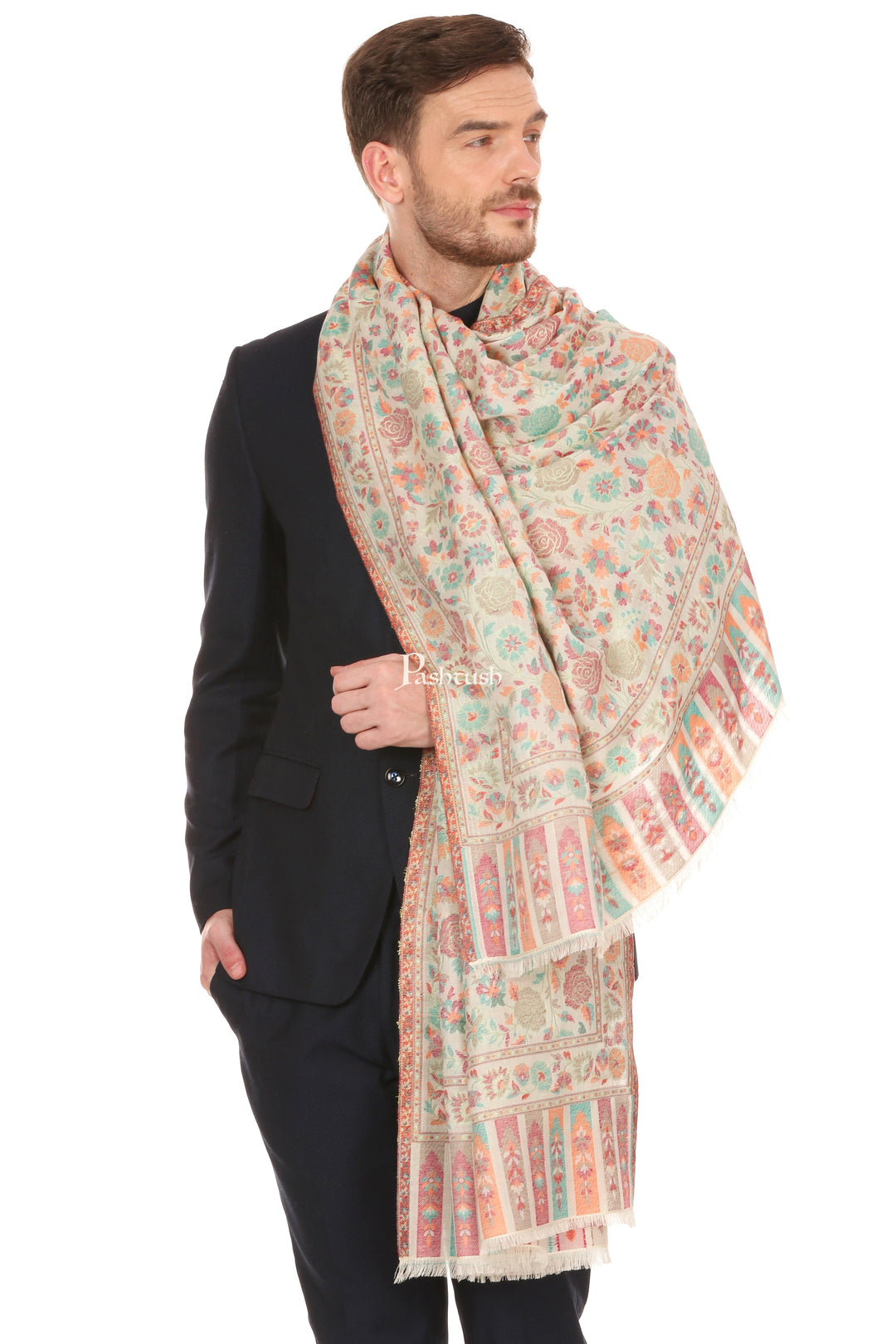 Pashtush India Mens Scarves Stoles and Mufflers Pashtush Mens Gulaabdar Ethnic Stole, Woven Design Ivory