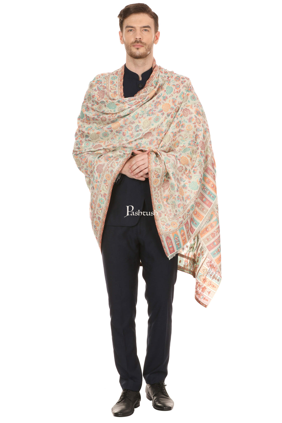 Pashtush India Mens Scarves Stoles and Mufflers Pashtush Mens Gulaabdar Ethnic Stole, Woven Design Ivory