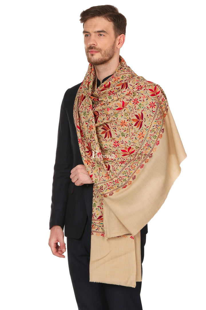 Pashtush India Mens Scarves Stoles and Mufflers Pashtush Mens Hand Embroidered Stole, Ethnic Wrap, 100% Pure Wool