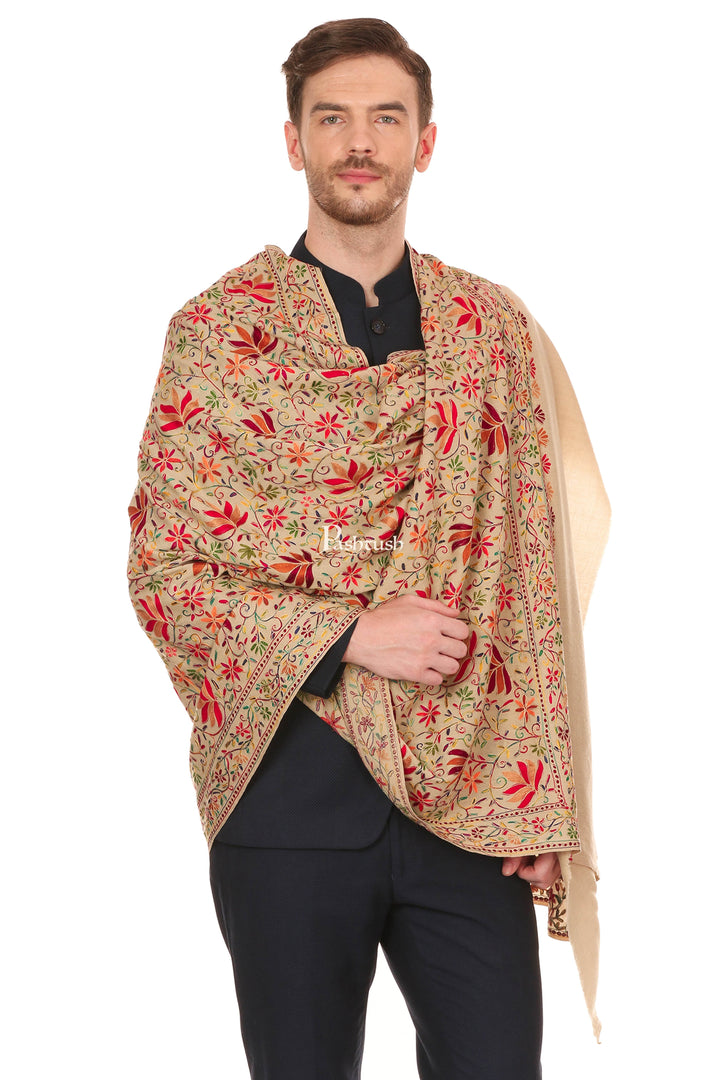 Pashtush India Mens Scarves Stoles and Mufflers Pashtush Mens Hand Embroidered Stole, Ethnic Wrap, 100% Pure Wool