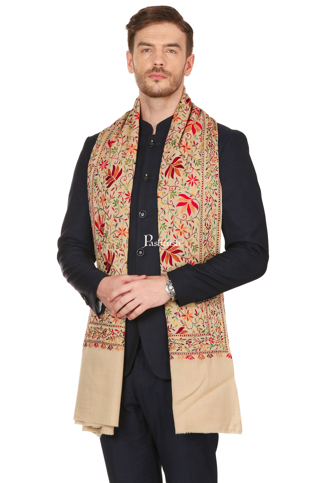 Pashtush India Mens Scarves Stoles and Mufflers Pashtush Mens Hand Embroidered Stole, Ethnic Wrap, 100% Pure Wool