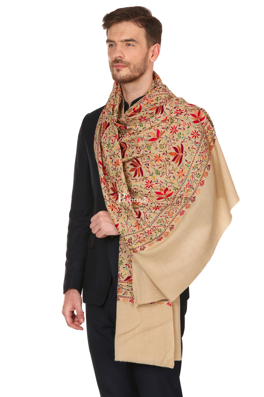 Pashtush India Mens Scarves Stoles and Mufflers Pashtush Mens Hand Embroidered Stole, Ethnic Wrap, 100% Pure Wool