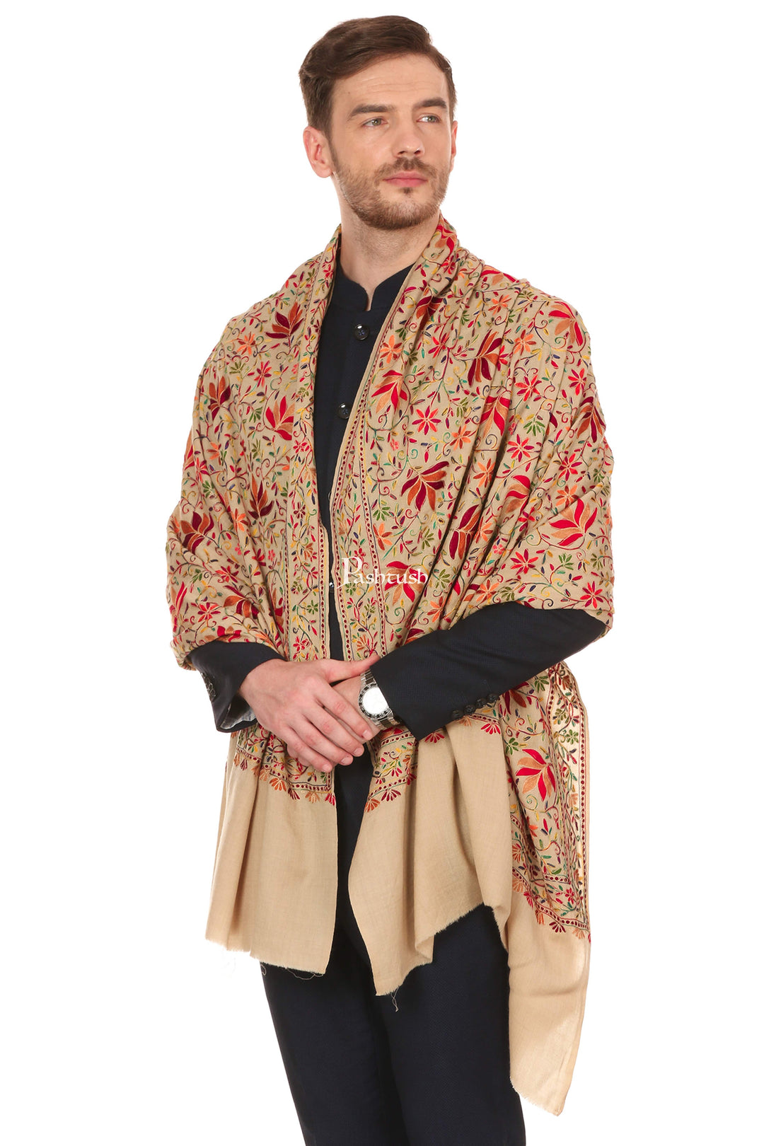 Pashtush India Mens Scarves Stoles and Mufflers Pashtush Mens Hand Embroidered Stole, Ethnic Wrap, 100% Pure Wool