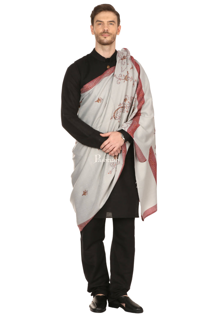 Pashtush India Mens Shawls Gents Shawl Pashtush Mens Hand Embroidery Shawl, Thick And Warm,Grey