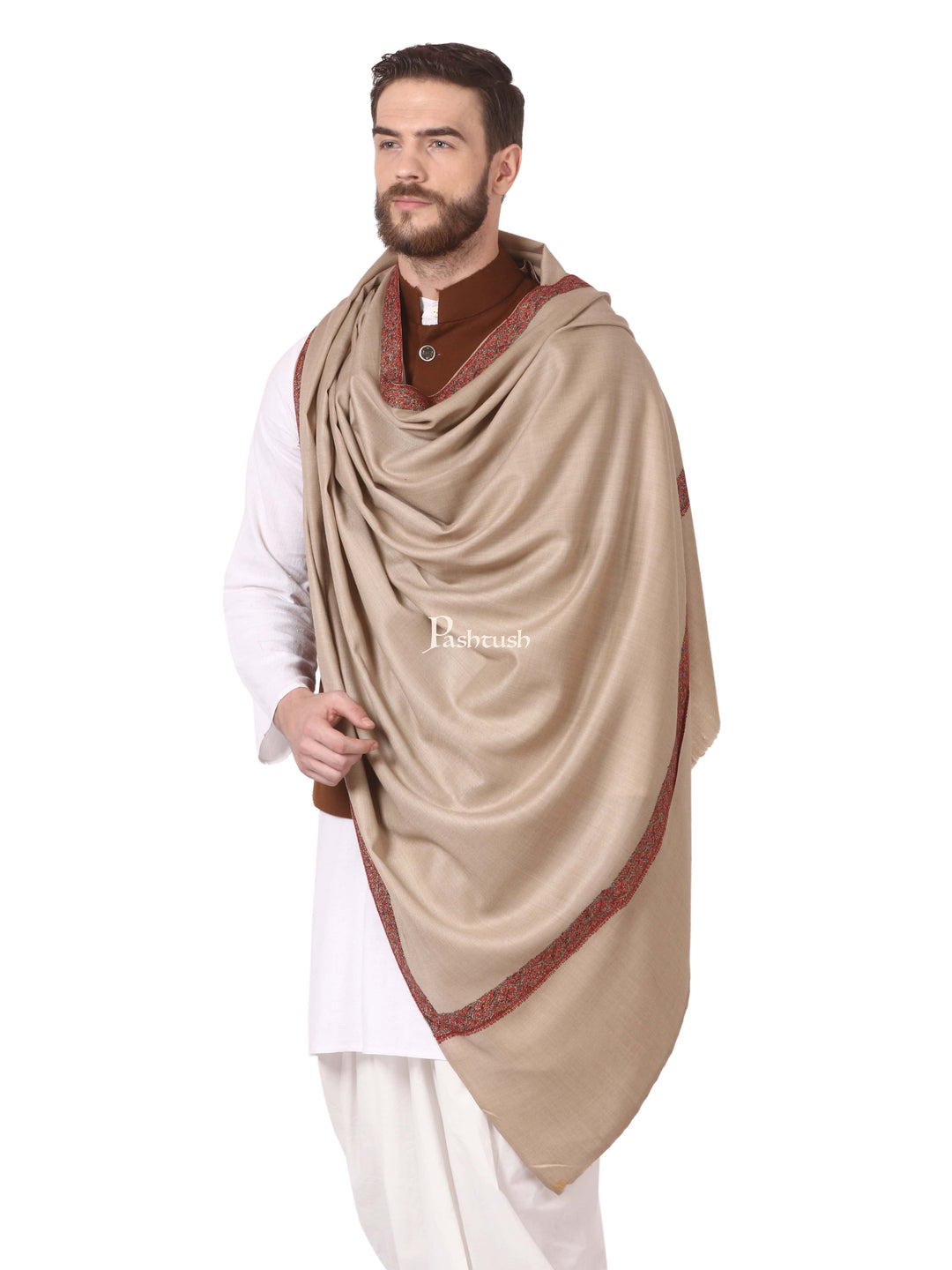 Pashtush India Mens Shawls Gents Shawl Pashtush Mens Hand Embroidery Woolen Neemdaur Shawl, Lohi (Beige, Medium)