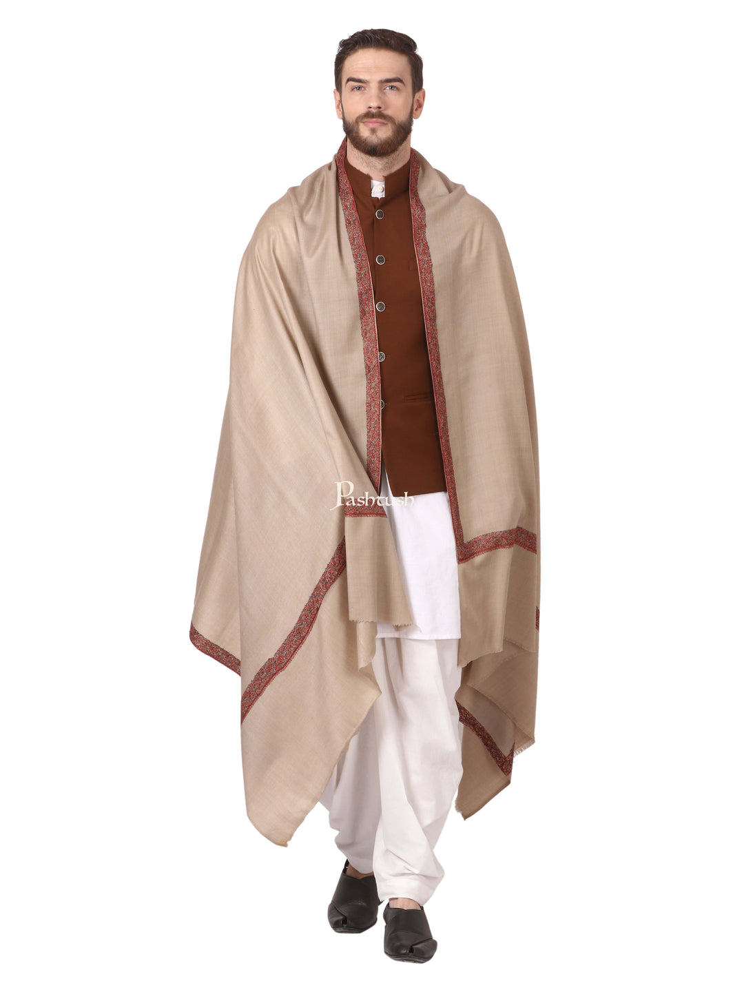 Pashtush India Mens Shawls Gents Shawl Pashtush Mens Hand Embroidery Woolen Neemdaur Shawl, Lohi (Beige, Medium)