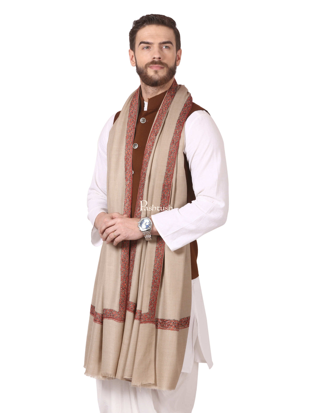 Pashtush India Mens Shawls Gents Shawl Pashtush Mens Hand Embroidery Woolen Neemdaur Shawl, Lohi (Beige, Medium)