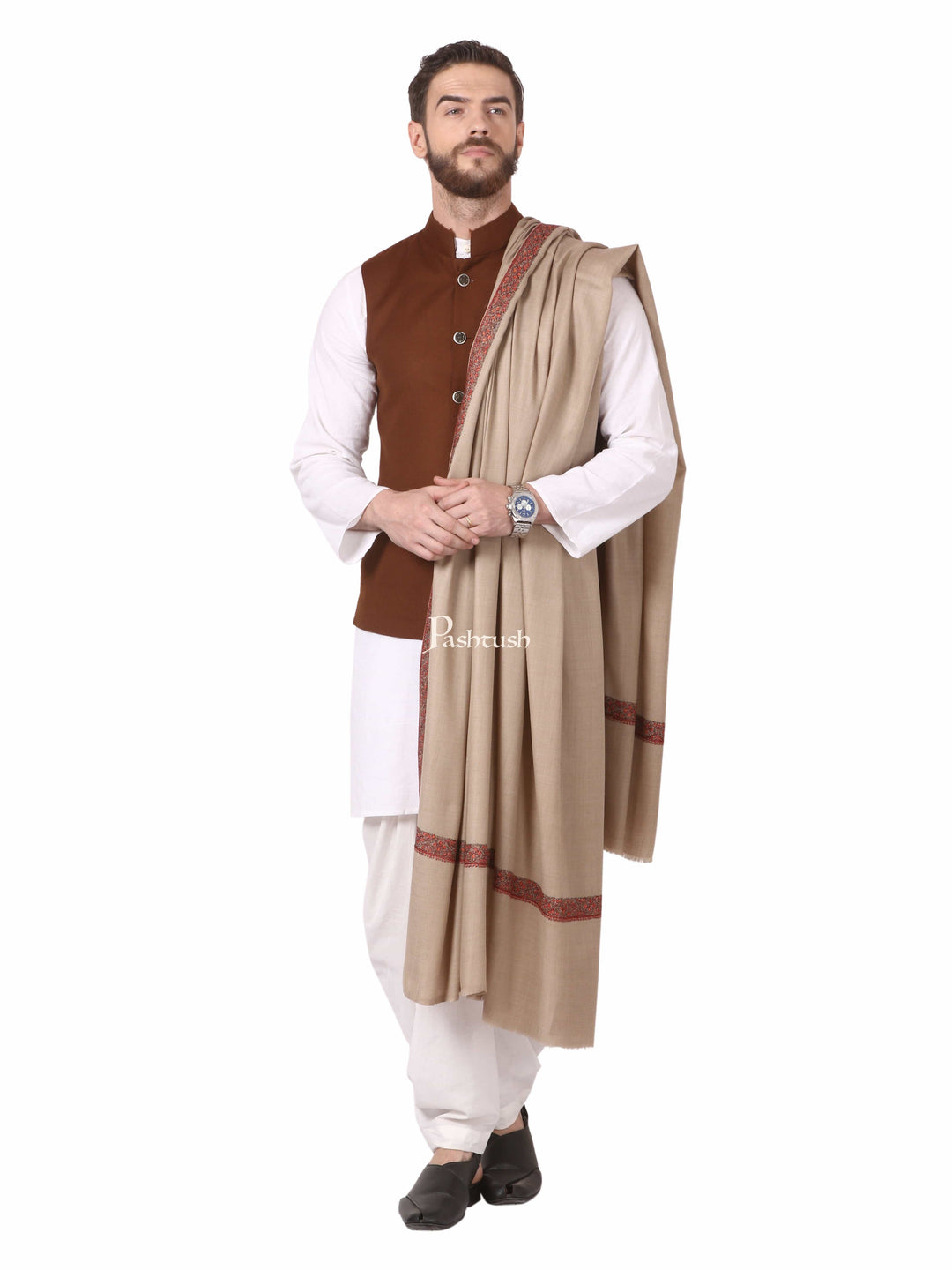 Pashtush India Mens Shawls Gents Shawl Pashtush Mens Hand Embroidery Woolen Neemdaur Shawl, Lohi (Beige, Medium)