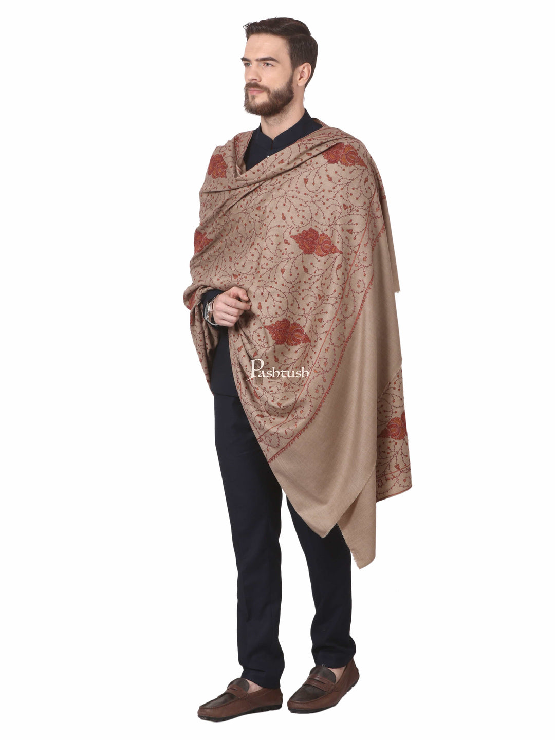 Pashtush India Mens Shawls Gents Shawl Pashtush Mens Heavy Embroidered Shawl In Extra Fine Wool Shawl