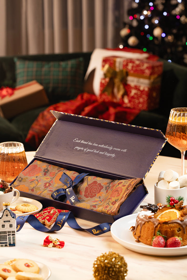 Pashtush India Gift Pack Pashtush mens Jacquard Light weight stole, Ethnic Floral design, Beige