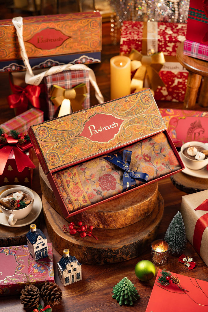 Pashtush India Gift Pack Pashtush mens Jacquard Light weight stole, Ethnic Floral design, Beige