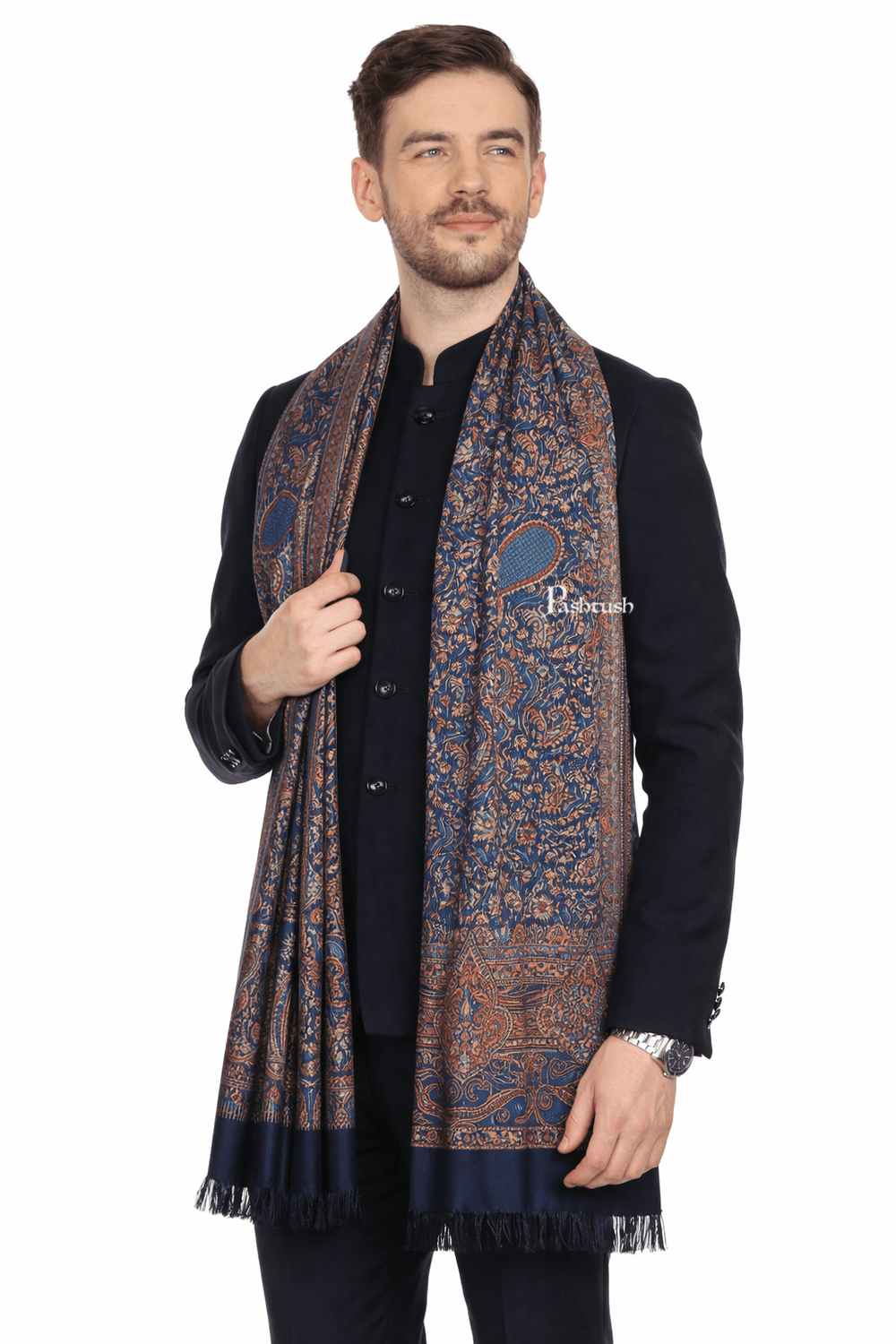 Pashtush India Mens Stoles and Scarves Scarf Pashtush Mens Jamawar Stole, Reversible Design, Navy Blue
