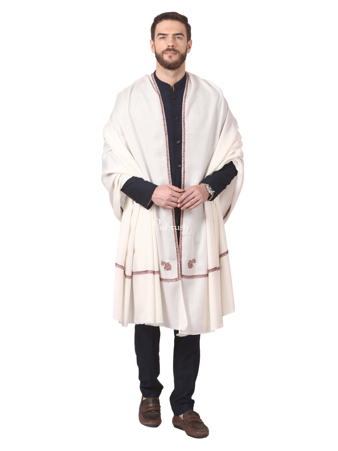 Pashtush India Mens Shawls Gents Shawl Pashtush Mens Kingri Shawl, Hand Embroidery Shawl, Full Size (White)