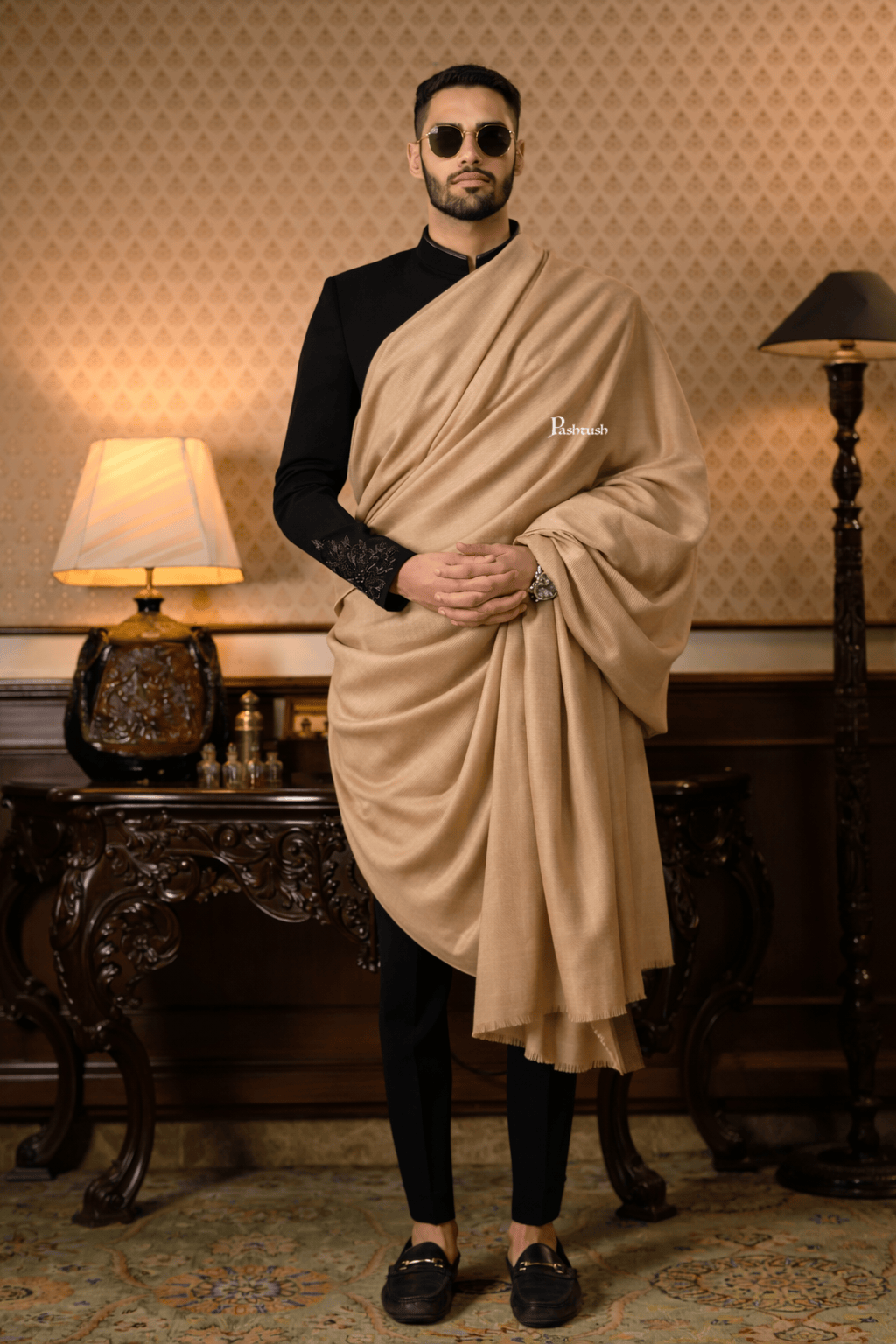 Pashtush India Mens Shawls Gents Shawl Pashtush Mens Ladakhi Shawl, Beige