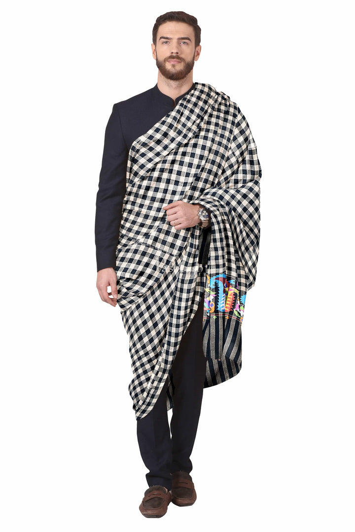 Pashtush India Mens Shawls Gents Shawl Pashtush Mens Pashmina Shawl, Handwoven Kaani, Checkered with Multicoloured Palla