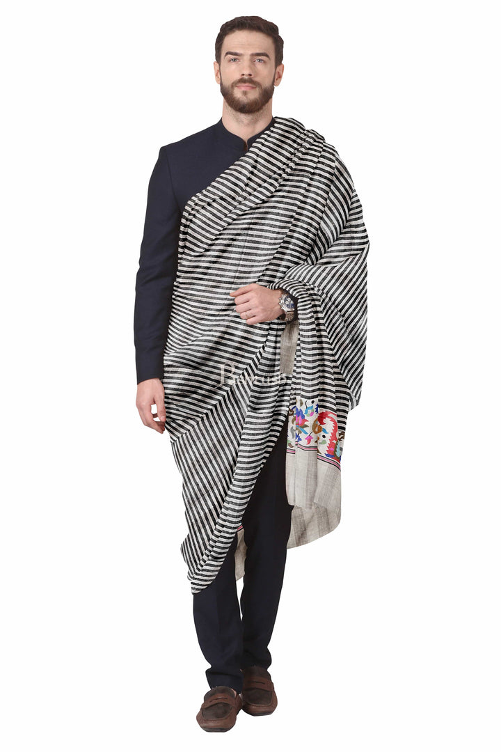 Pashtush India Mens Shawls Gents Shawl Pashtush Mens Pashmina Shawl, Handwoven Kaani, Checkered with Multicoloured Palla