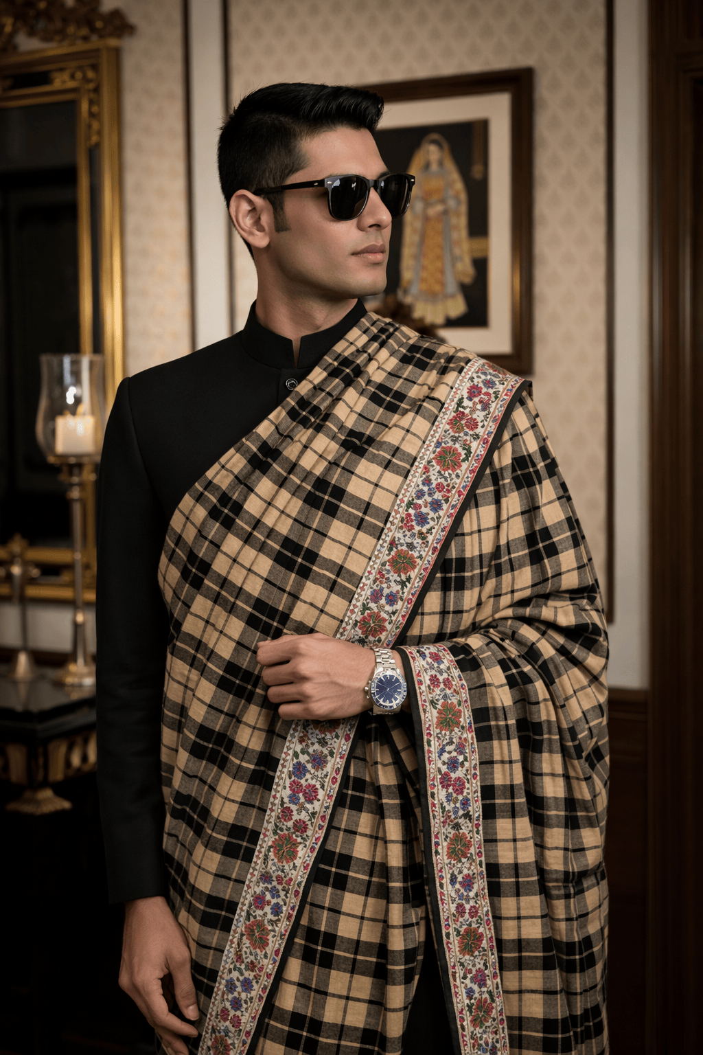 Pashtush India Mens Shawls Gents Shawl Pashtush Mens Pure Pashmina, Hand Woven Checkered with Antique Kashmiri Embroidery Border